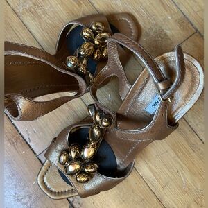 Miu Miu Gold T-Strap Sandals with Gold Beaded Embellishments